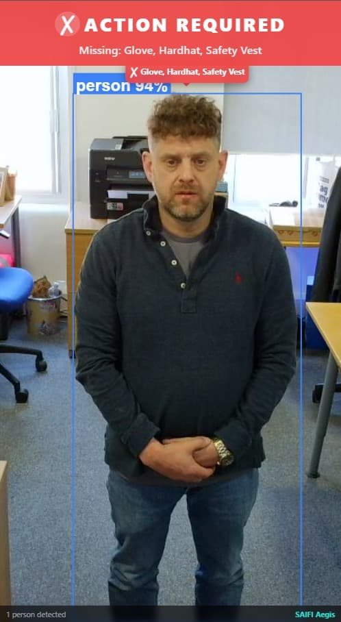 Aegis Smart Mirror showing ACTION REQUIRED, missing glove, hardhat and safety vest