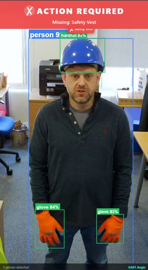 Aegis Smart Mirror showing ACTION REQUIRED, missing safety vest